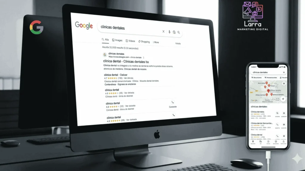 Computadora y teléfono mostrando resultados de búsqueda y Google Maps para clínicas dentales - Especialistas en Marketing Dental.